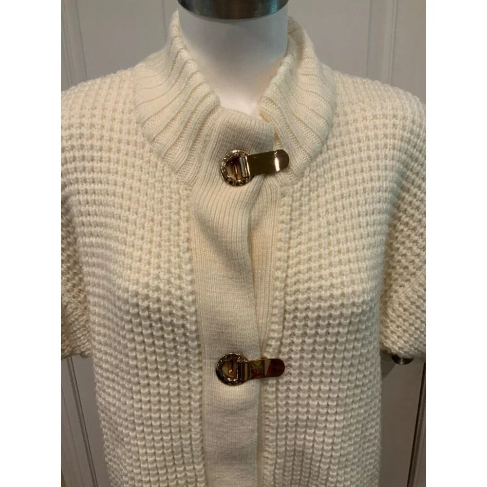 Michael Kors White Chunky Knit Short Sleeve Gold Buckle Cardigan, Size Large